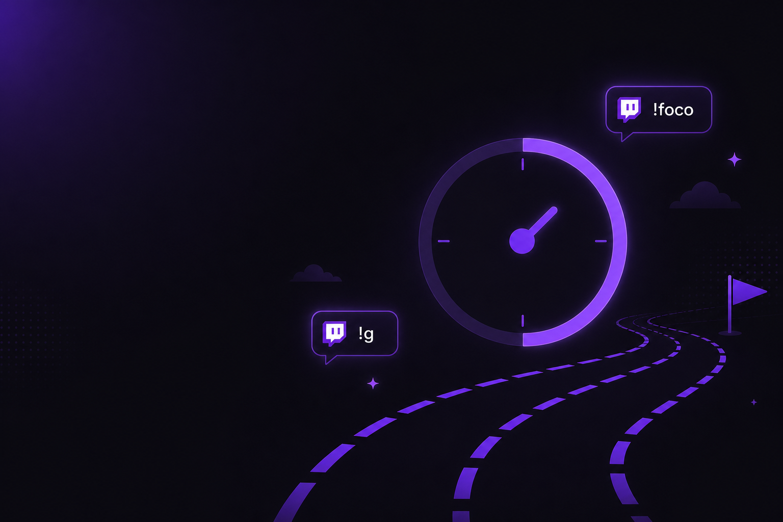 Ilustração decorativa em tons roxo Twitch com timer